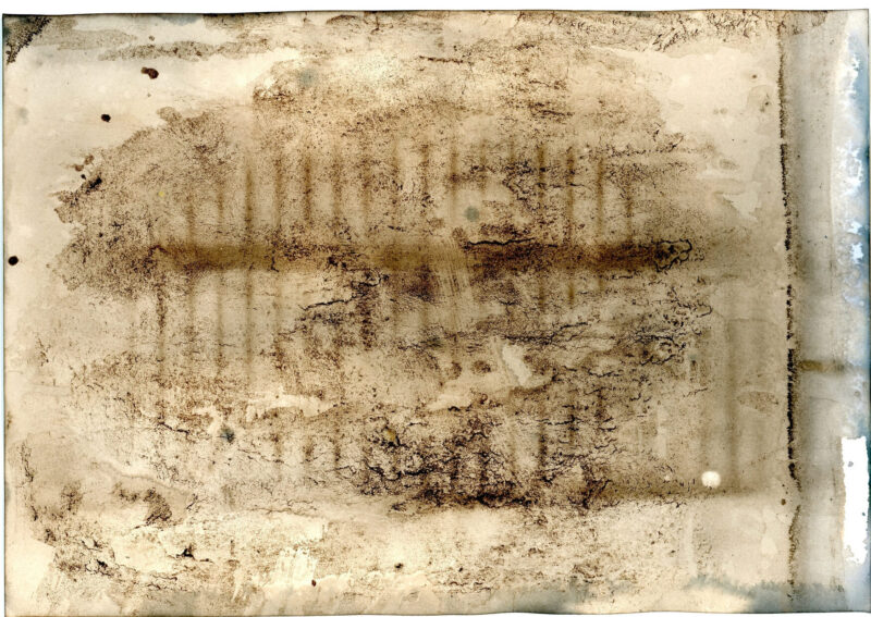Un motif abstrait de lignes et de structures, sur papier, en tempera à l'oeuf et à l'huile couleur d'ombre brûlée.